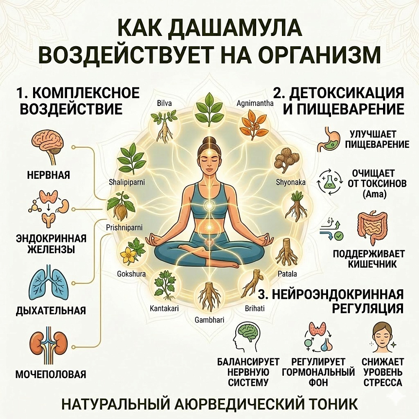 Инфографика влияния 10 корней дашамулы на нервную, эндокринную, дыхательную и мочеполовую системы организма