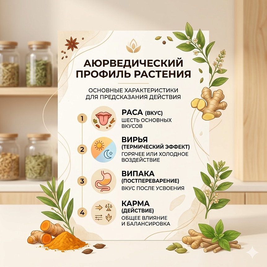 Схема четырех столпов аюрведической оценки: раса, вирья, випака, карма для анализа действия травы