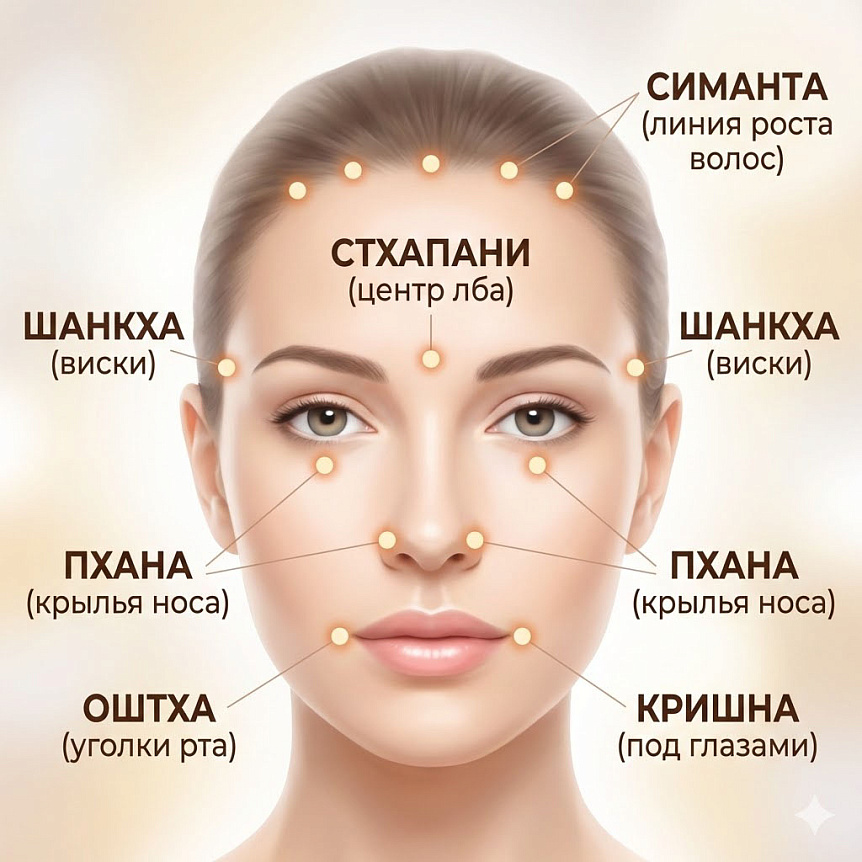 Схема лица с марма-точками для аюрведического массажа. Отмечены: стхапани, шанкха, пхана, оштха, кришна, симанта.