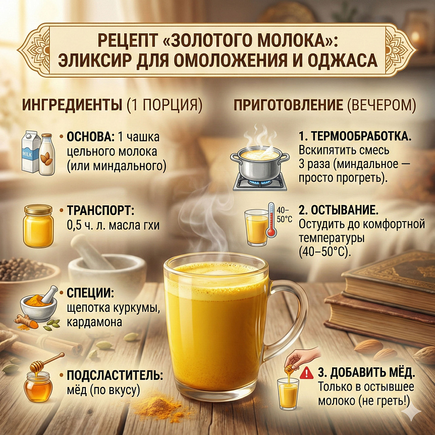 Инфографика рецепта золотого молока с куркумой для оджаса