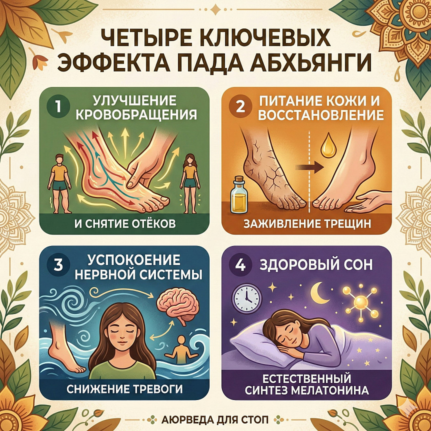 Инфографика демонстрирует 4 пользы аюрведы: улучшение кровообращения, здоровье кожи стоп, снятие тревоги и здоровый сон через массаж Пада абхьянга