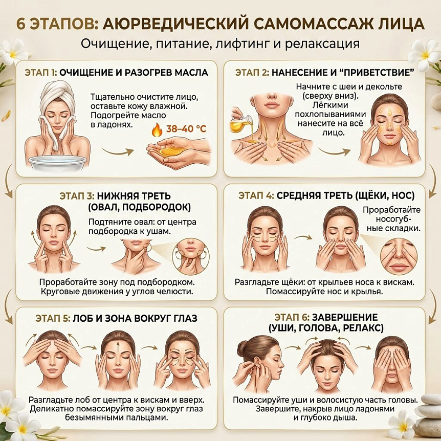 Схема 6 этапов аюрведического самомассажа лица: пошаговая техника движений для лифтинга и релаксации с применением теплого масла.