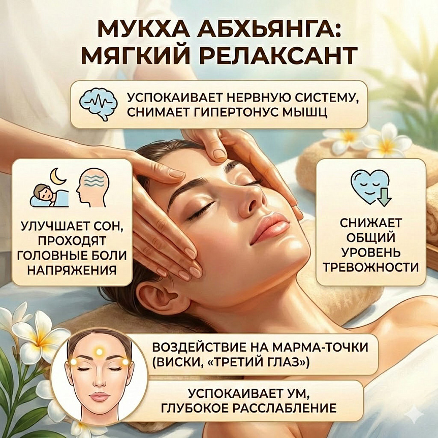 Инфографика пользы массажа Мукха Абхьянга. Тёплое масло и марма-точки успокаивают нервы, улучшают сон, снимают тревогу.