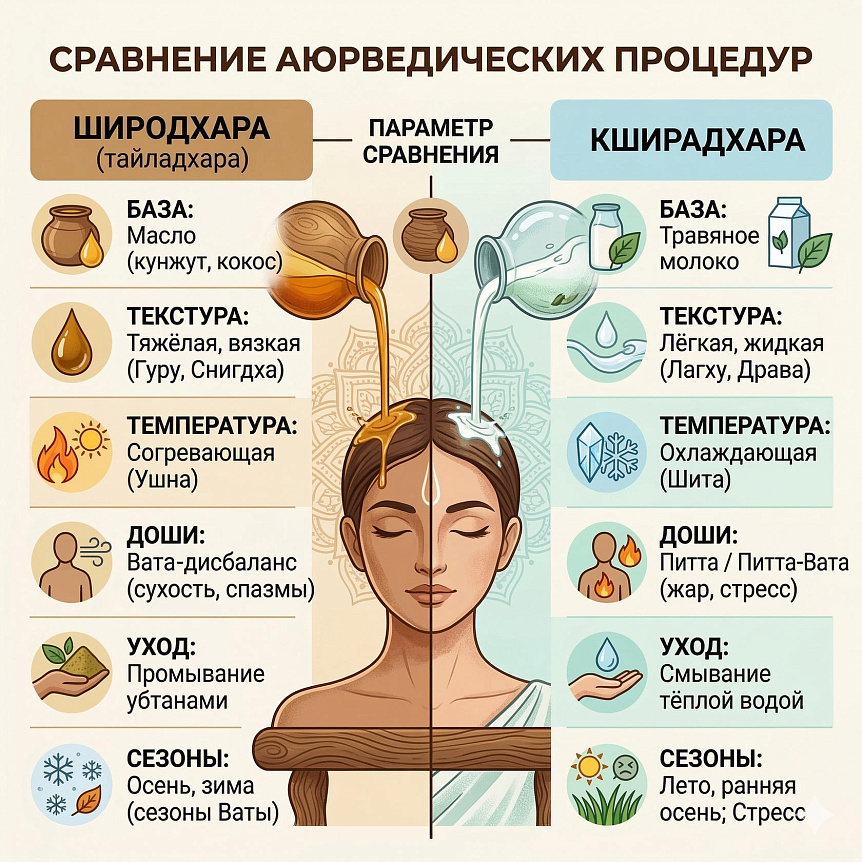 Сравнительная инфографика широдхары и кширадхары по типам дош, базе состава и температурному режиму воздействия