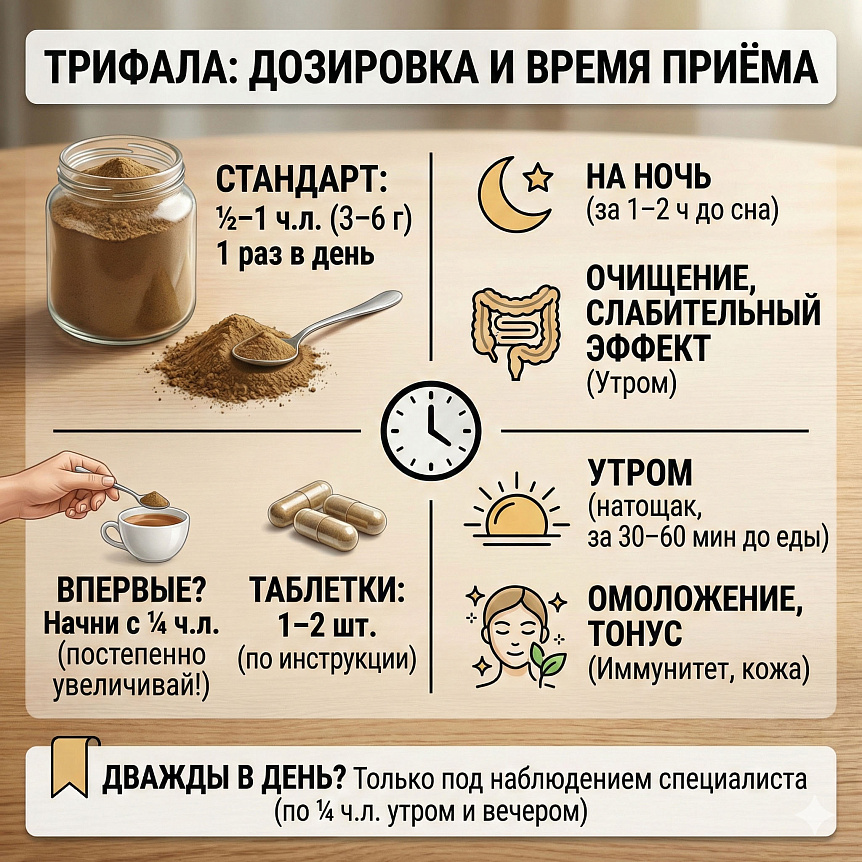 Инфографика: дозировка и время приема порошка трифалы утром и на ночь