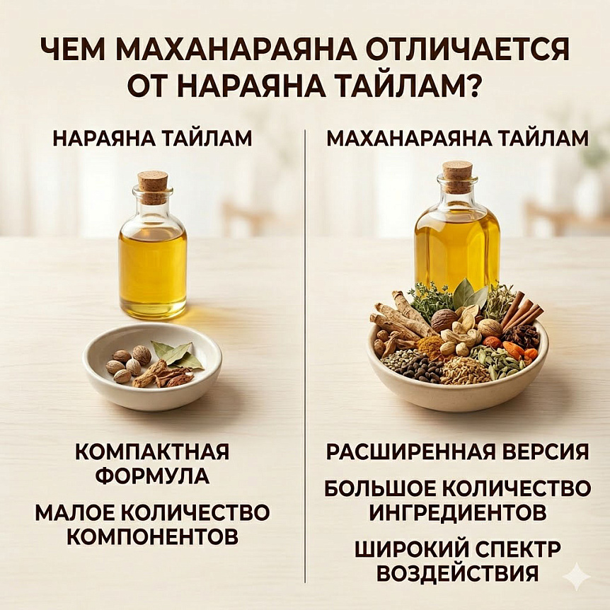 Сравнение аюрведических масел тайлам: компактная vs расширенная формула, маленькая бутылка против большой.