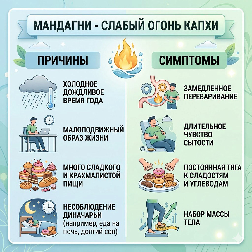 Инфографика причин и симптомов замедления пищеварения при мандагни и дисбалансе доши капха в аюрведе.