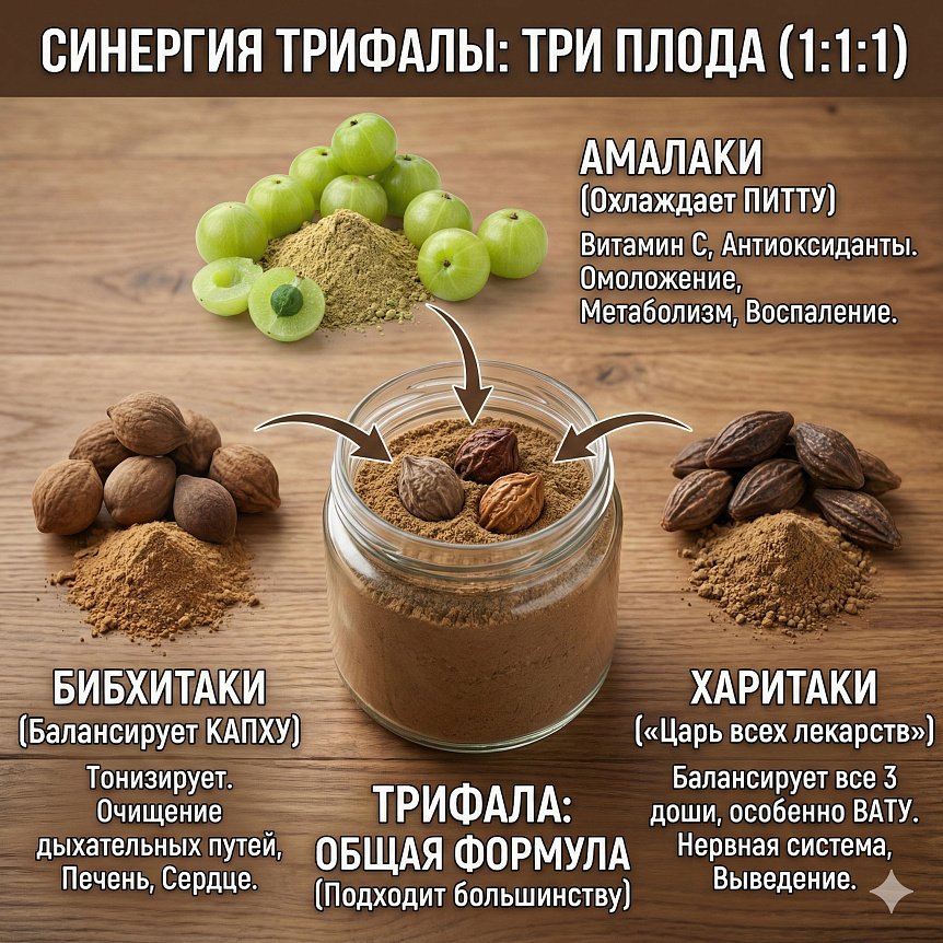 Инфографика: синергия трех плодов в составе трифалы и их действие на доши