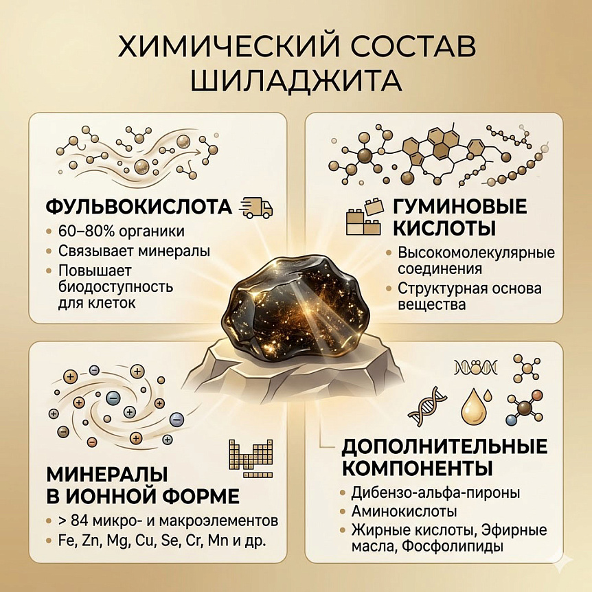 Схема химического состава шиладжита, показывающая блоки фульвокислот, гуминовых кислот и ионных минералов