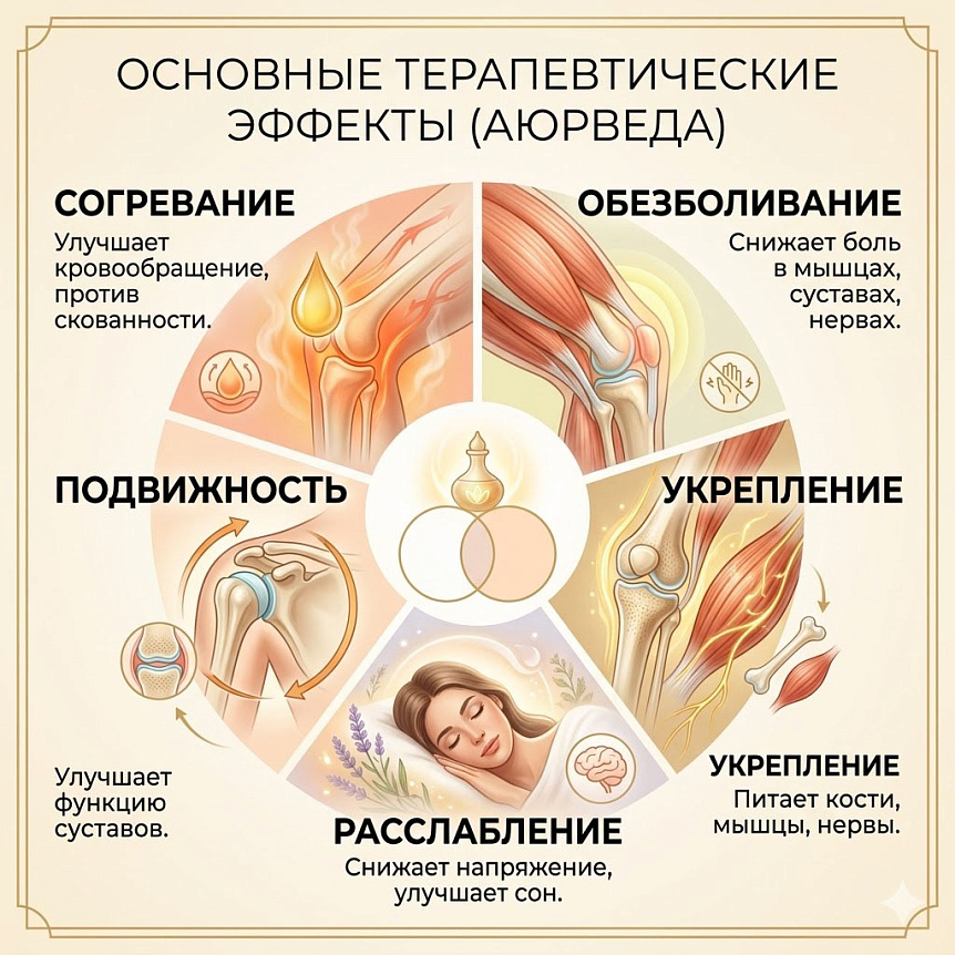 Схема пяти ключевых терапевтических эффектов аюрведического масла для суставов и мышц