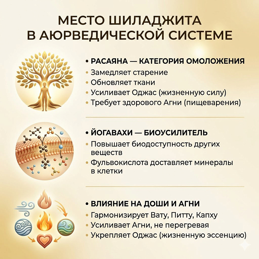 Схема инфографики: Шиладжит в аюрведе как средство Расаяна (омоложение), Йогавахи (биоусилитель) и регулятор дош и агни