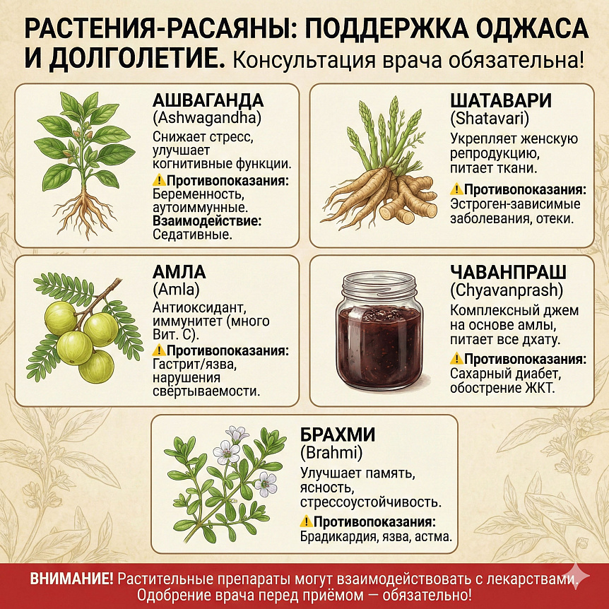 Инфографика: аюрведические растения-расаяны для поддержки оджаса и долголетия (ашваганда, шатавари, амла, чаванпраш, брахми) и их противопоказания