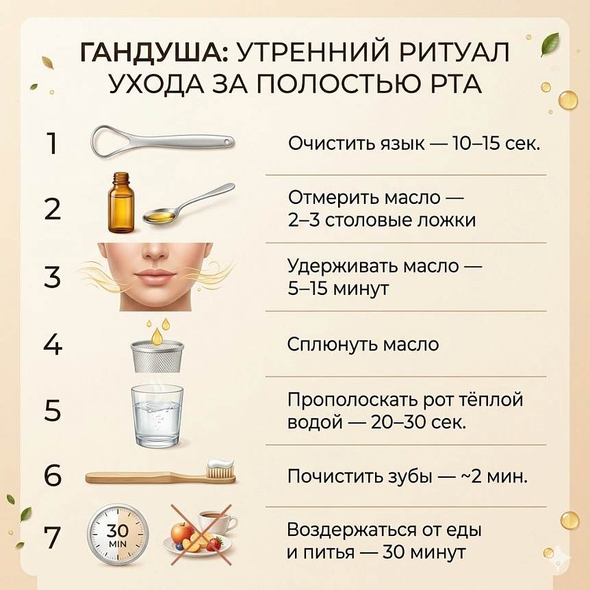 Инфографика ритуала Гандуша, описывающая 7 этапов ухода для гигиены полости рта по Аюрведе