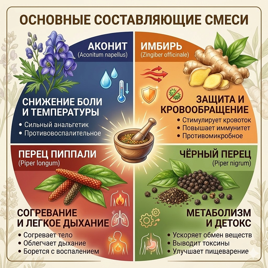 Инфографика четырех растительных ингредиентов смеси (аконит, имбирь, перцы) с описанием их терапевтических действий