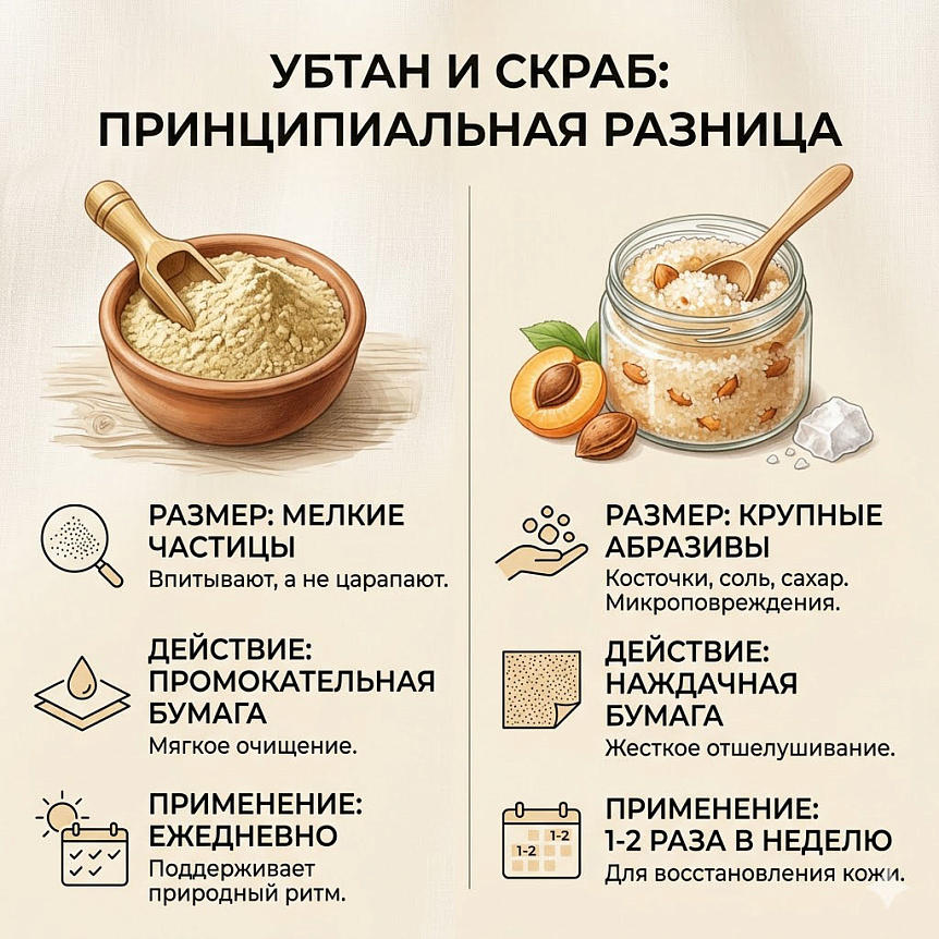 Схема сравнения Убтана и Скраба по размеру частиц, действию (промокательная бумага против наждачной) и частоте применения (ежедневно против 1-2 раз).
