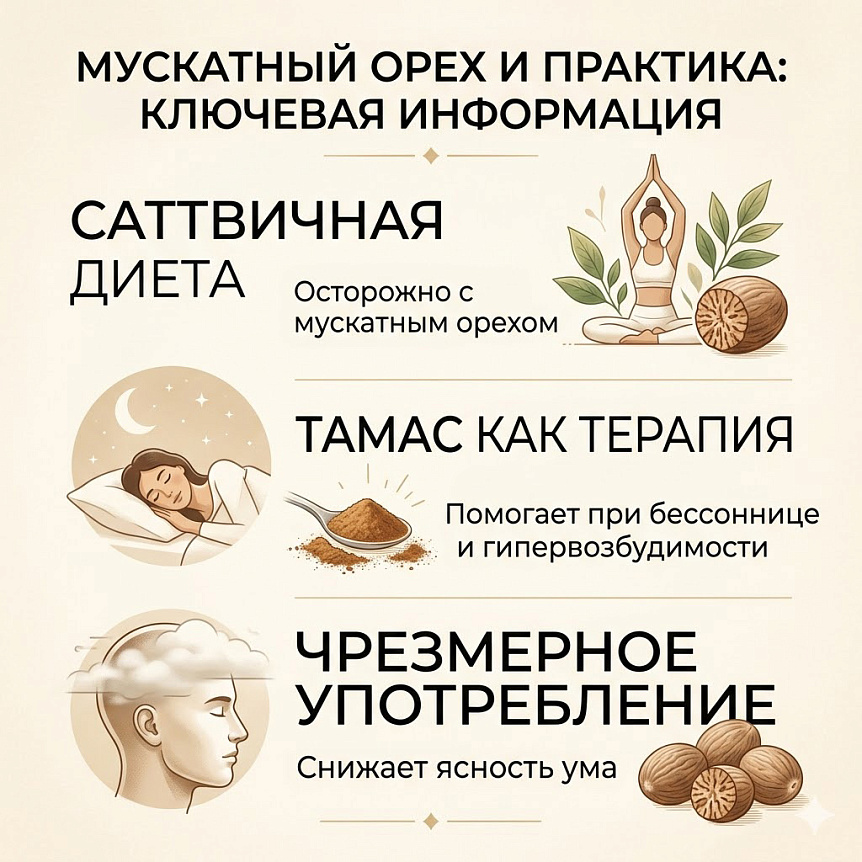 Схема описывает осторожность с мускатным орехом в саттвичной диете, пользу при бессоннице и вред чрезмерного употребления.