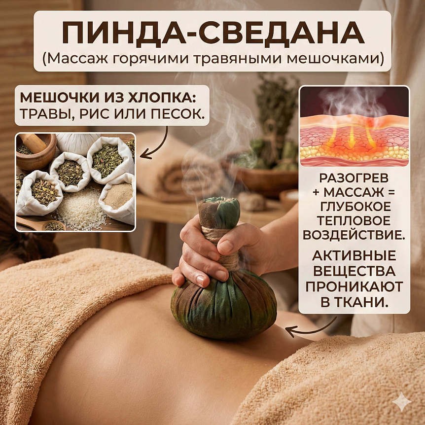 Схема массажа пинда-сведана демонстрирует прогрев тканей горячими мешочками с лечебными травами