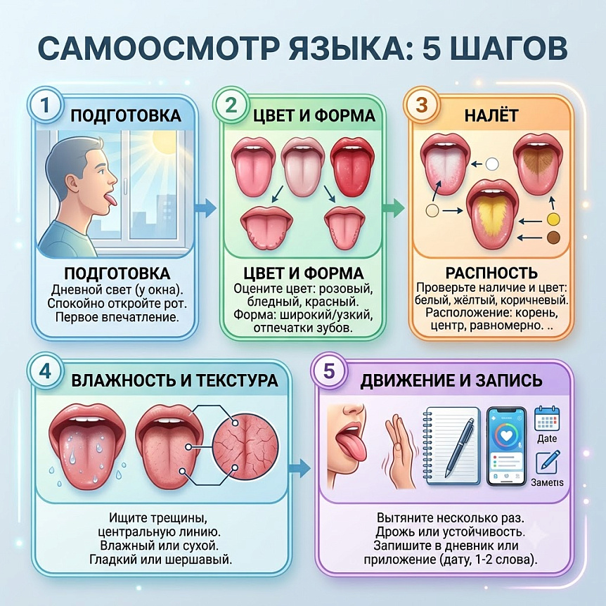 Схема пяти шагов самоосмотра языка: подготовка, оценка цвета, налета и текстуры для самостоятельной диагностики.