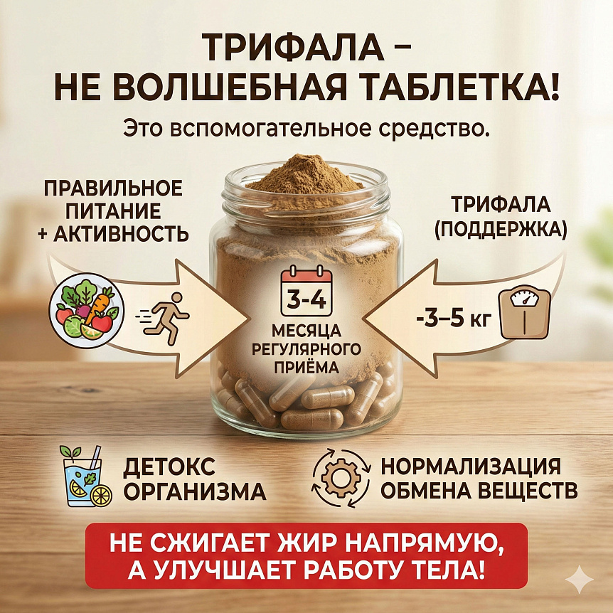 Инфографика: действие трифалы для похудения через детокс и обмен веществ