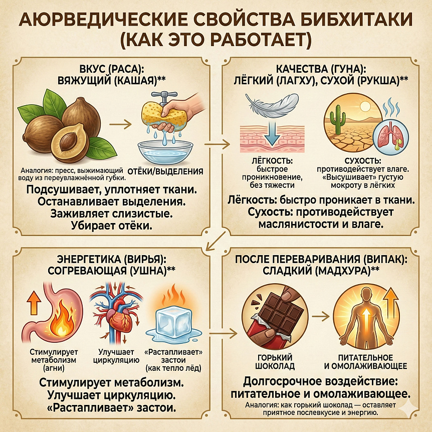Аюрведические свойства бибхитаки: схема раса, гуна, вирья, випак